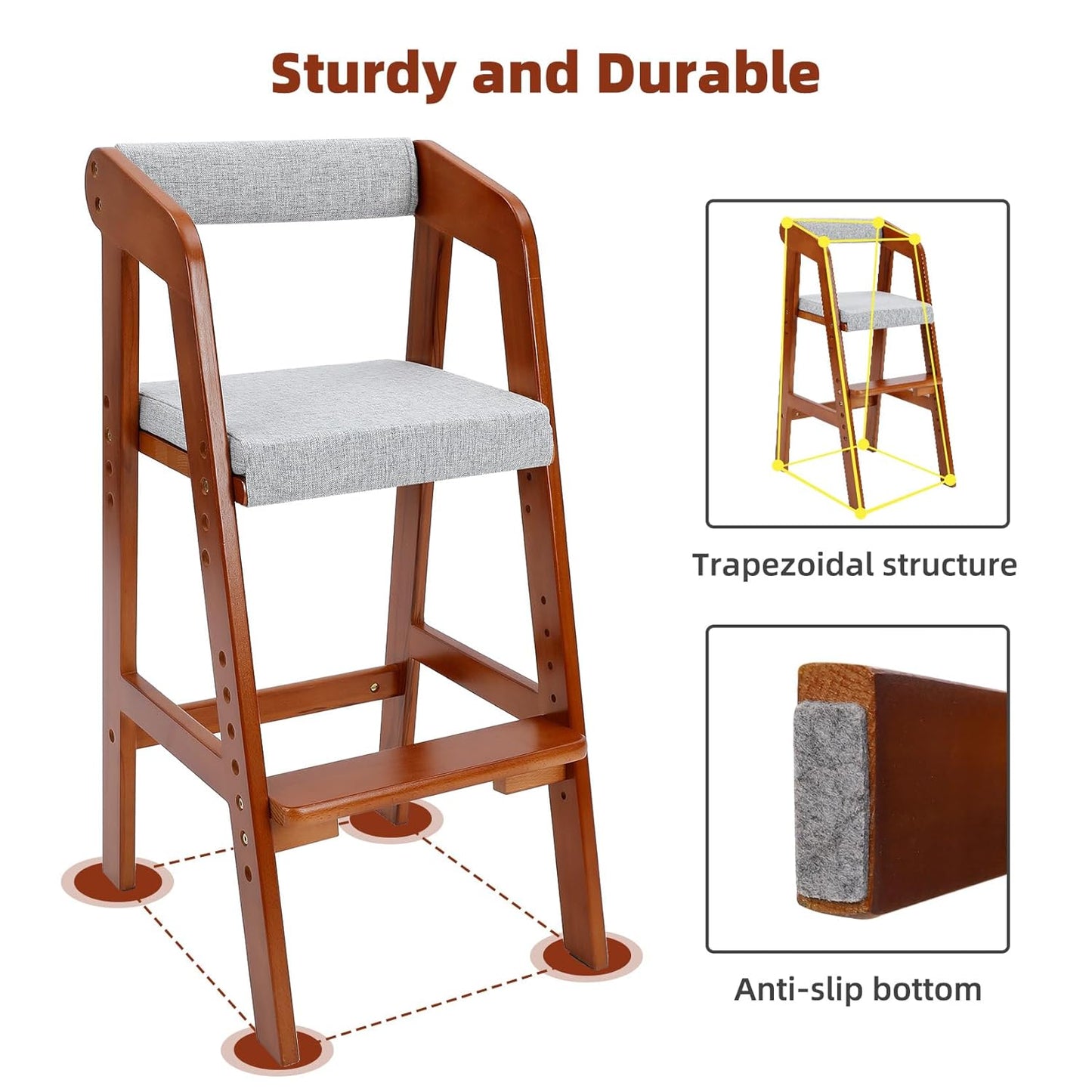 Wooden High Chair for Toddlers, Adjustable Dining Feeding Chair with Removable Cushion for Child