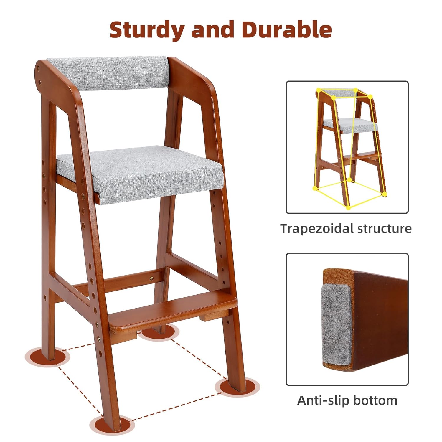 Wooden High Chair for Toddlers, Adjustable Dining Feeding Chair with Removable Cushion for Child
