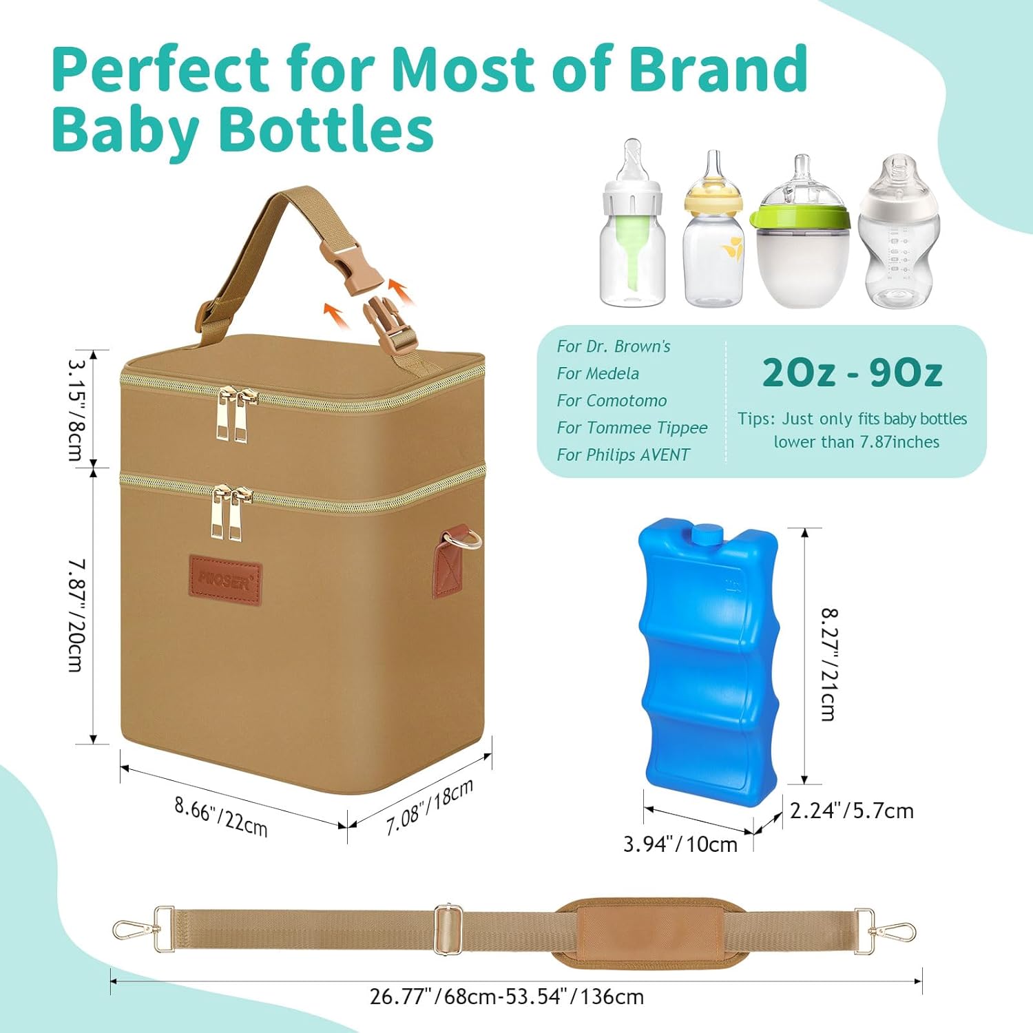 PIIOSER Breastmilk Cooler Bag with Ice Pack Fits 6 Baby Bottles Up to 9 Ounce, Insulated Baby