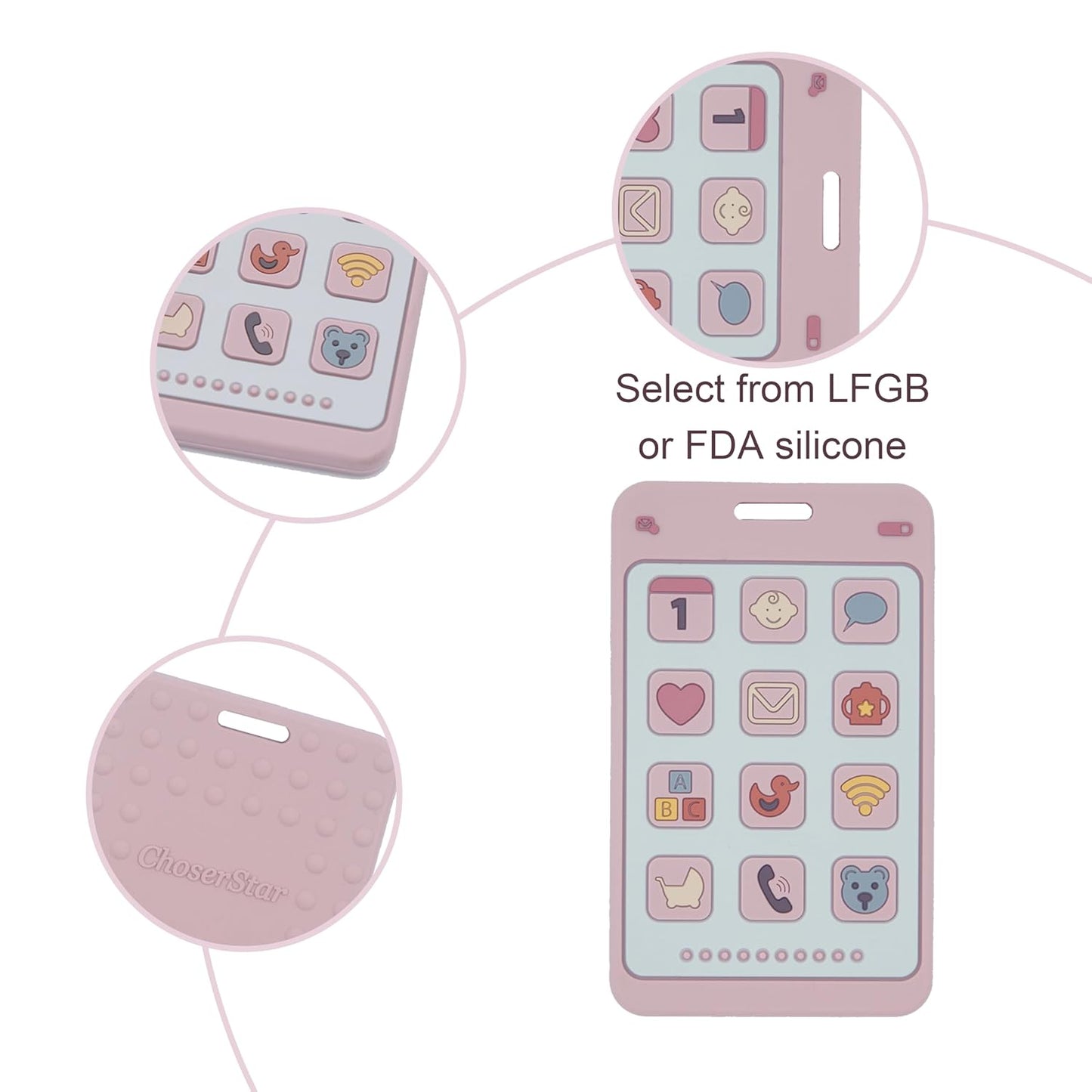 Soft Silicone Phone Shape Teether Boys Girls Baby Molar Teether Chew Toys, Teething Toy (Pink)