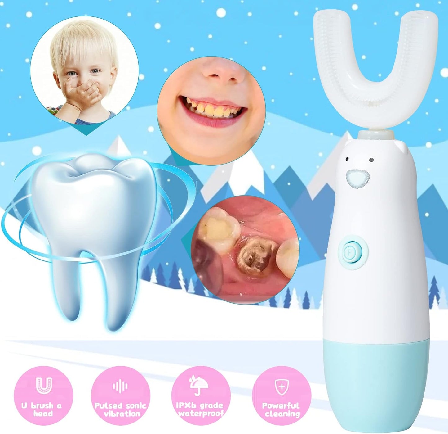 Kids Electric Toothbrush，U Shaped Toothbrush Waterproof Battery Powered 360 Automatic Sonic Toddler