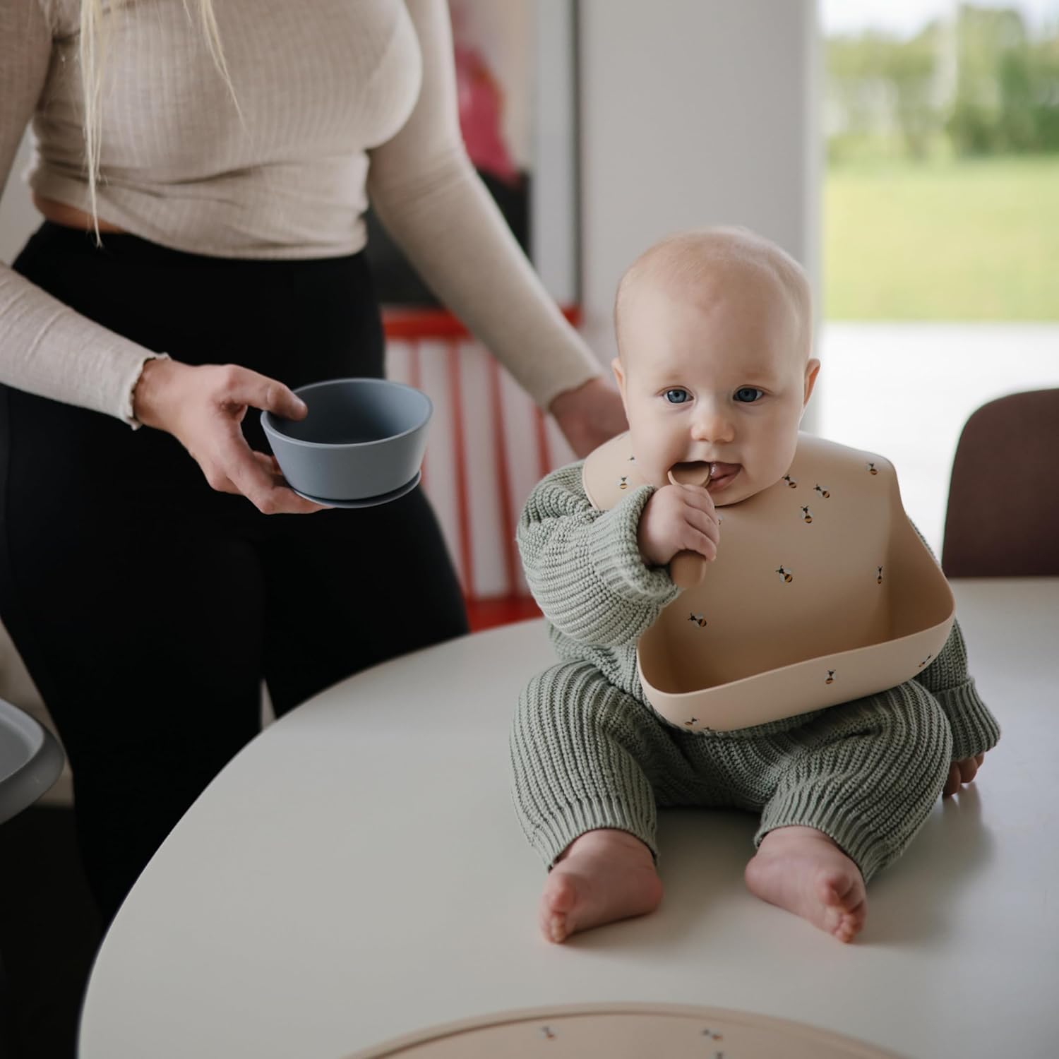 mushie Silicone Baby Bib | Adjustable Fit Waterproof Bibs (Bees)