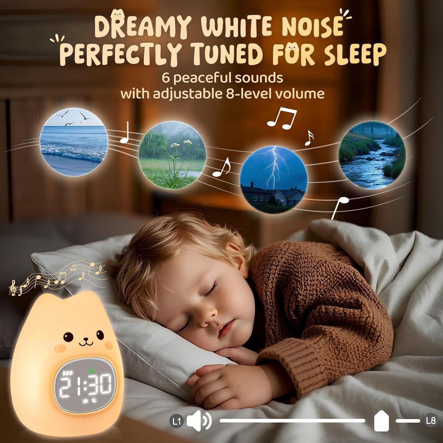 Cat Alarm Clock with Night Light for Kids with Sleep Training and Sound Machine, Rechargeable Silicone Lamp OK to Wake Clock，Cute Animal Tabletop Lamp, Perfect Sleep Companion for Boys Girls