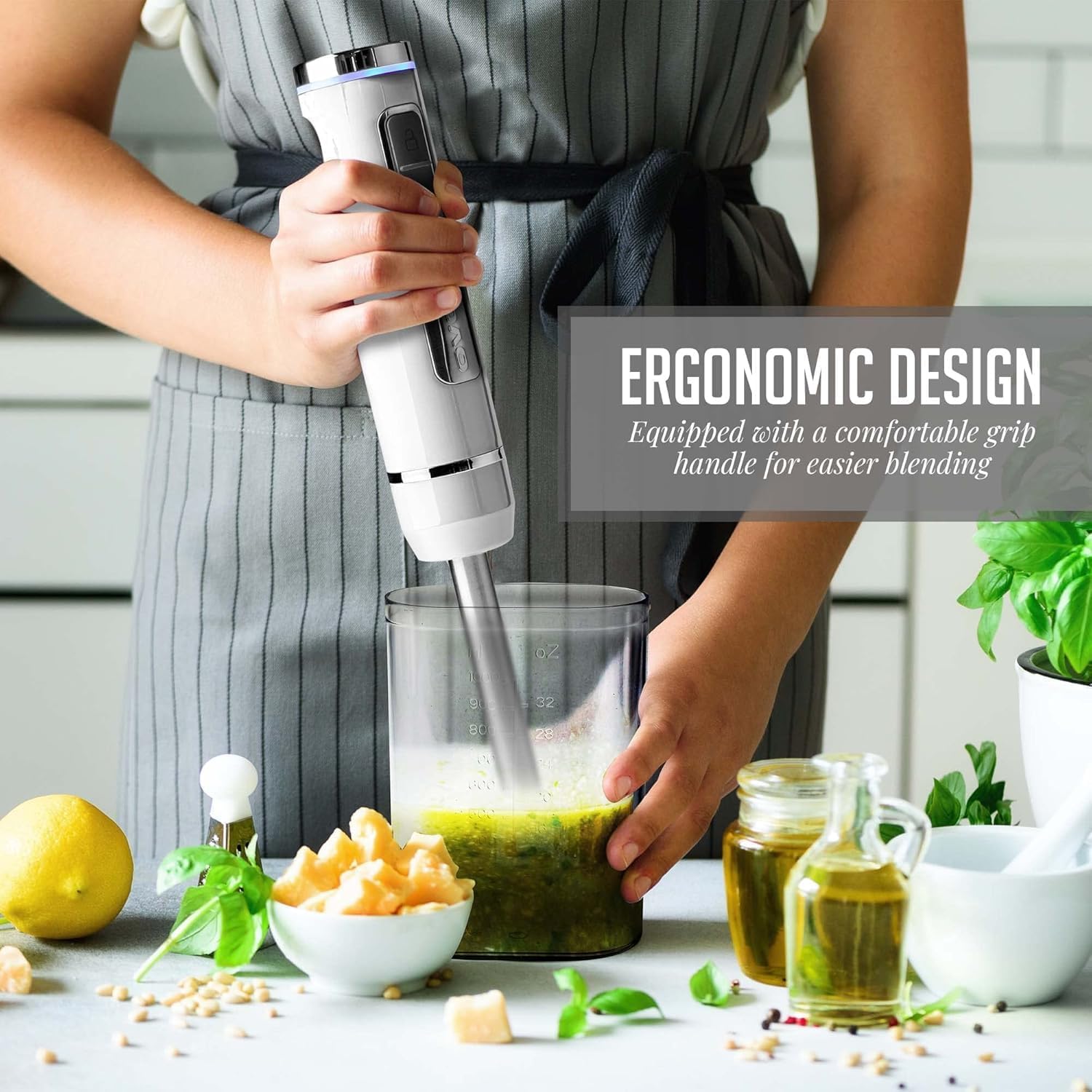 OVENTE Cordless Immersion Hand Blender, Rechargeable Handheld Portable Stick Mixer with 8 Mixing