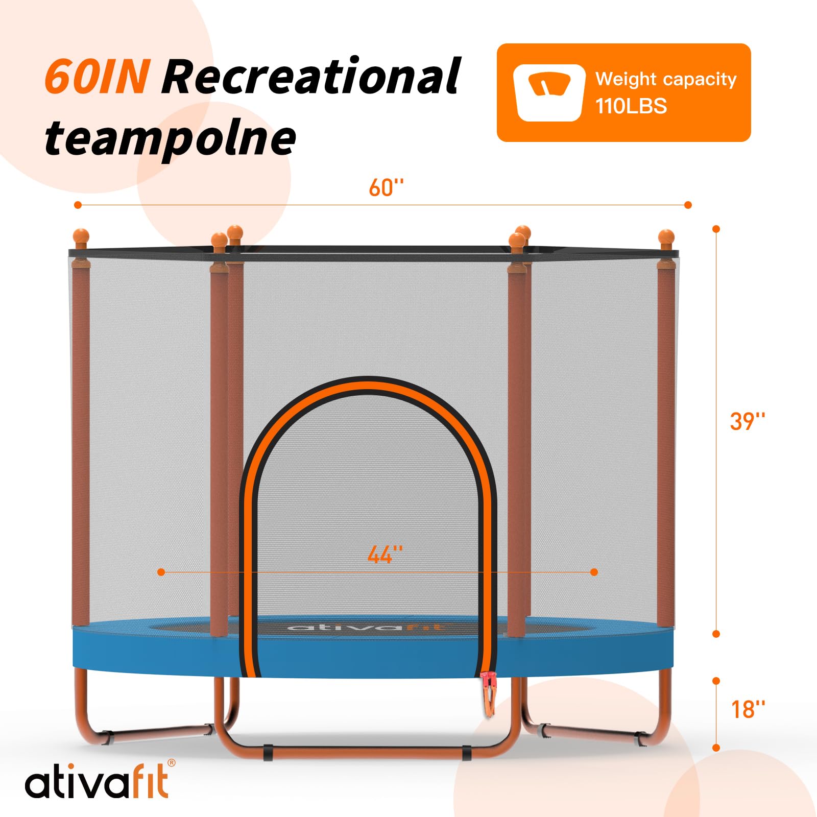 ATIVAFIT 60″ Indoor‑Outdoor Kids Trampoline Mini Rebounder with Safety Net & Hoop, Ideal for