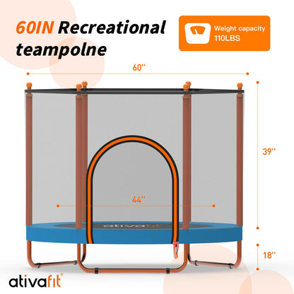 ATIVAFIT 60″ Indoor‑Outdoor Kids Trampoline Mini Rebounder with Safety Net & Hoop, Ideal for