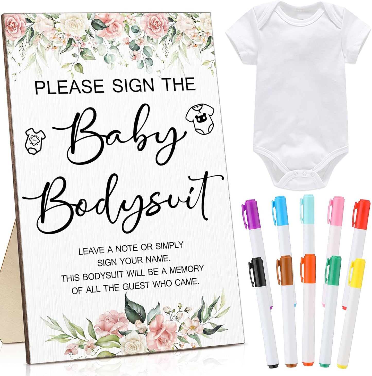 Qunclay 12 Pcs Baby Bodysuit Baby Shower Game Include 1 Game Wooden Sign Tabletop Decor 1 White Blank Newborn Bodysuit 10 Fabric Marker for Gender Reveal Party(Floral)