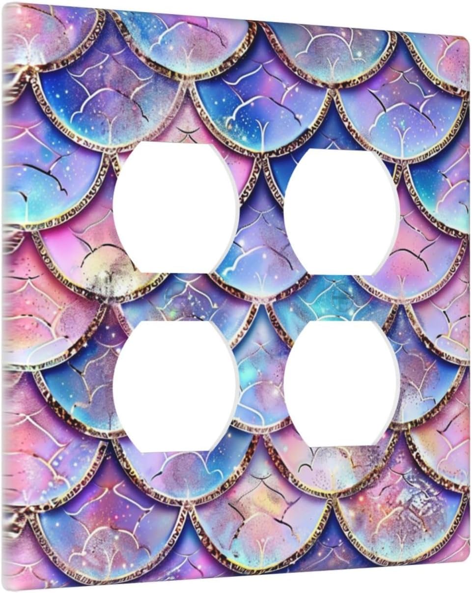 Decorative Outlet Covers Cute Pink Purple Mermaid Scales 2 Gang Wall Plate Cover Double Duplex Receptacle Two Switch Light Switch Cover Plate Jumbo Faceplate for Bedroom Home Decor