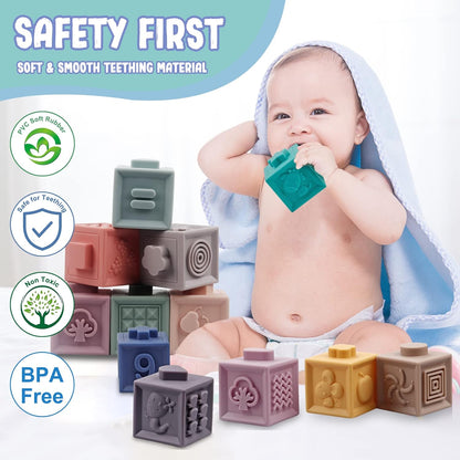 Montessori Toys for Babies 6-12 Months, Soft Baby Blocks Toys Set, 3 in 1 Infant Stacking Building