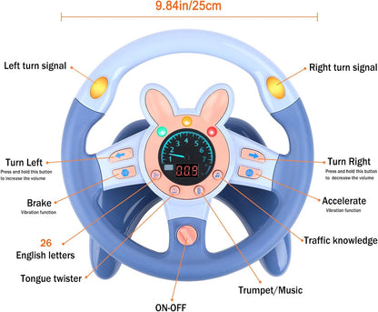 deAO Kids Steering Wheel for Backseat with Key Baby Toys Pretend Driving Simulated Steering Wheel Toy with Light and Music Gifts for Kids Toddlers Blue