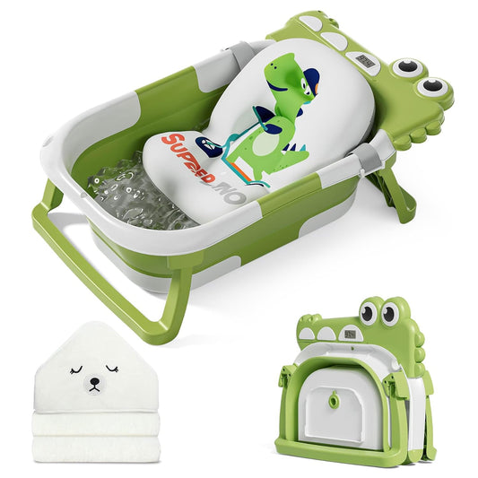 MoreFeel Collapsible Baby Bathtub for Newborn with Thermometer & 1 Hooded Towel & 1 Soft Floating