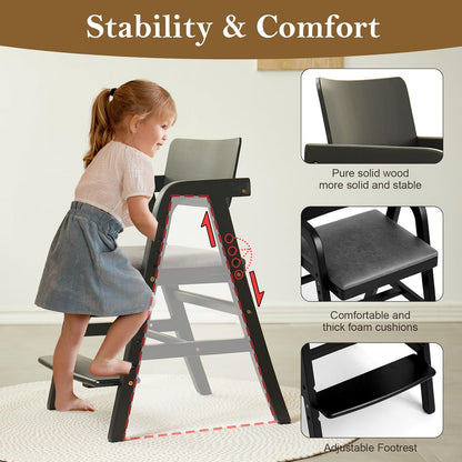 Solid Wood High Chair for Toddlers to Teens, Adjustable Height Toddler Dining Chair, Easy to Clean