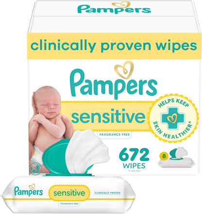 Pampers Baby Wipes, Sensitive, Water Based Wipe, Clinically Proven, Hypoallergenic, and Unscented for Babies, 672 Wipes Total (8 Flip-Top Packs) [Packaging May Vary]