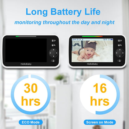 HelloBaby Upgrade 5’’ Baby Monitor with 30-Hour Battery, 2 Cameras Pan-Tilt-Zoom, 1000ft Range Video Audio Baby Monitor No WiFi, VOX, Night Vision, 2-Way Talk, 8 Lullabies and Temperature