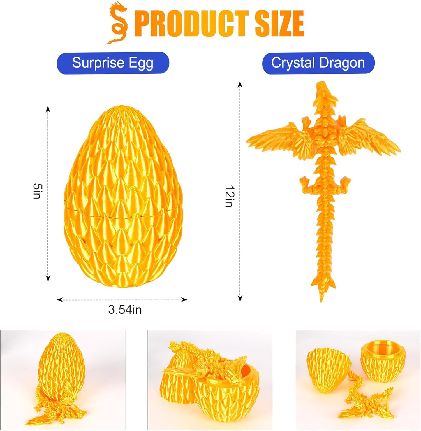 12inch Fly Dragon Egg, Year of The Dragon, 3D Printed Dragon, Executive Desk Toys, Articulated Dragon, Fidget Toys Gifts for Graduates Students Teachers Adults (Gold)