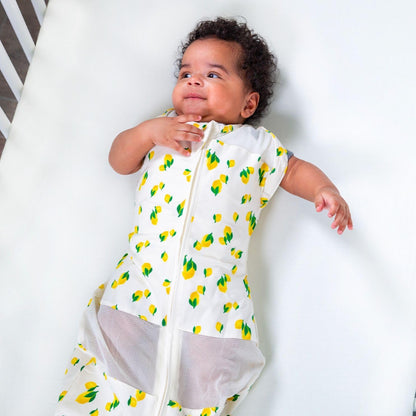 Happiest Baby Sleepea 5-Second Swaddle - 100% Organic Cotton Baby Swaddle Blanket - Doctor Designed Promotes Healthy Hip Development (Ivory Lemons, X-Large)