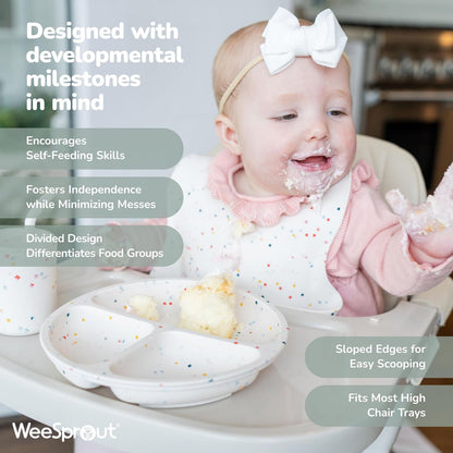 WeeSprout Suction Plates for Babies With Lids & Toddlers - 100% Silicone, Dinnerware Stays Put, Divided Design for Picky Eaters, Microwave & Dishwasher Friendly, 3 Pack
