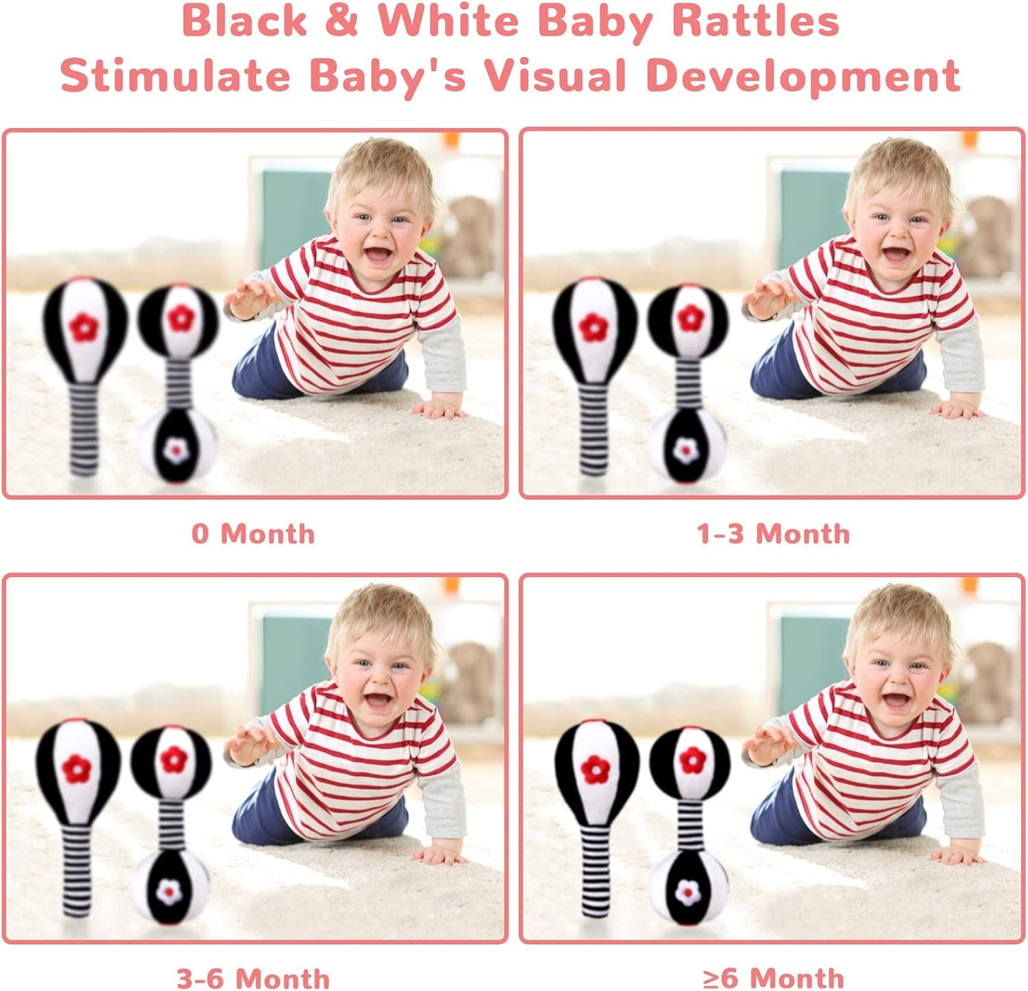 XIXILAND Baby Rattles 0-6 Months Newborn Toys Infant Toys 0-6 Months Rattles for Babies 0-6 Months Baby Toys 0-6 Months, Black and White High Contrast Baby Toys Dumbbell Toy for 0 3 6 9 12 Months