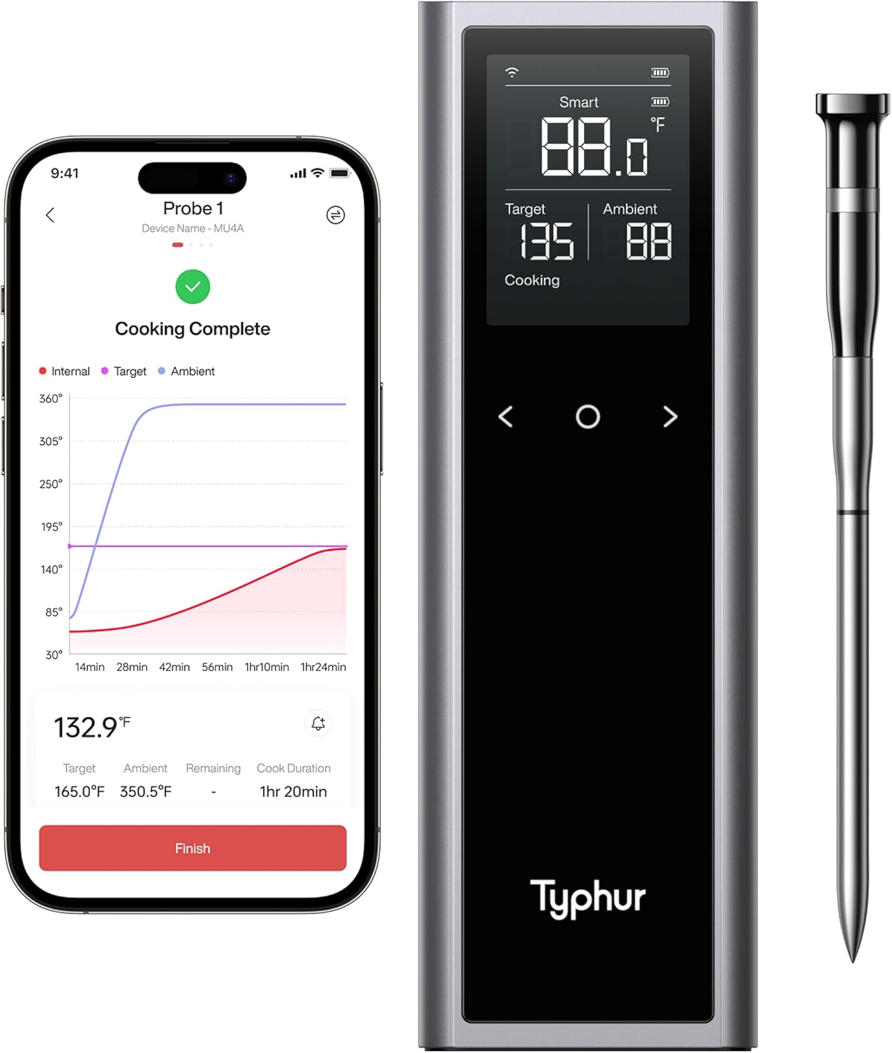 Sync One Smart Wireless Meat Thermometer: Standalone Base with LCD Display, Unlimited WiFi &