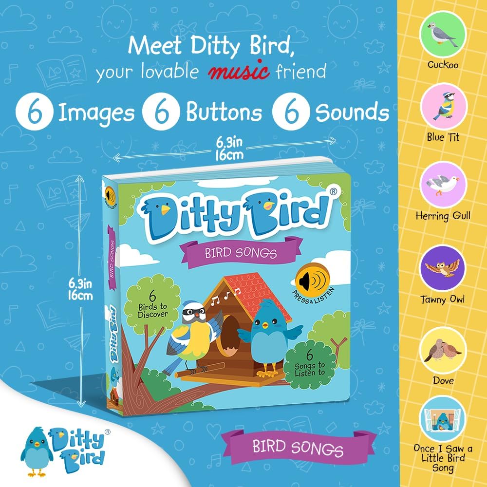 Ditty Bird Animal Sounds Book for Toddlers – Interactive Book Featuring Cuckoo, Blue Tit, Herring Gull, Tawny Owl & Dove Sounds | Musical Board Book for Ages 1-3 | Perfect Educational Gift for Toddler