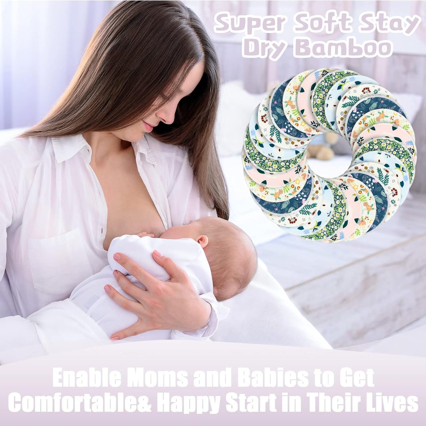 Sosation 30 Pcs Reusable Breast Pads Bamboo Nursing Pads with Wet and Laundry Bag Floral Nipple
