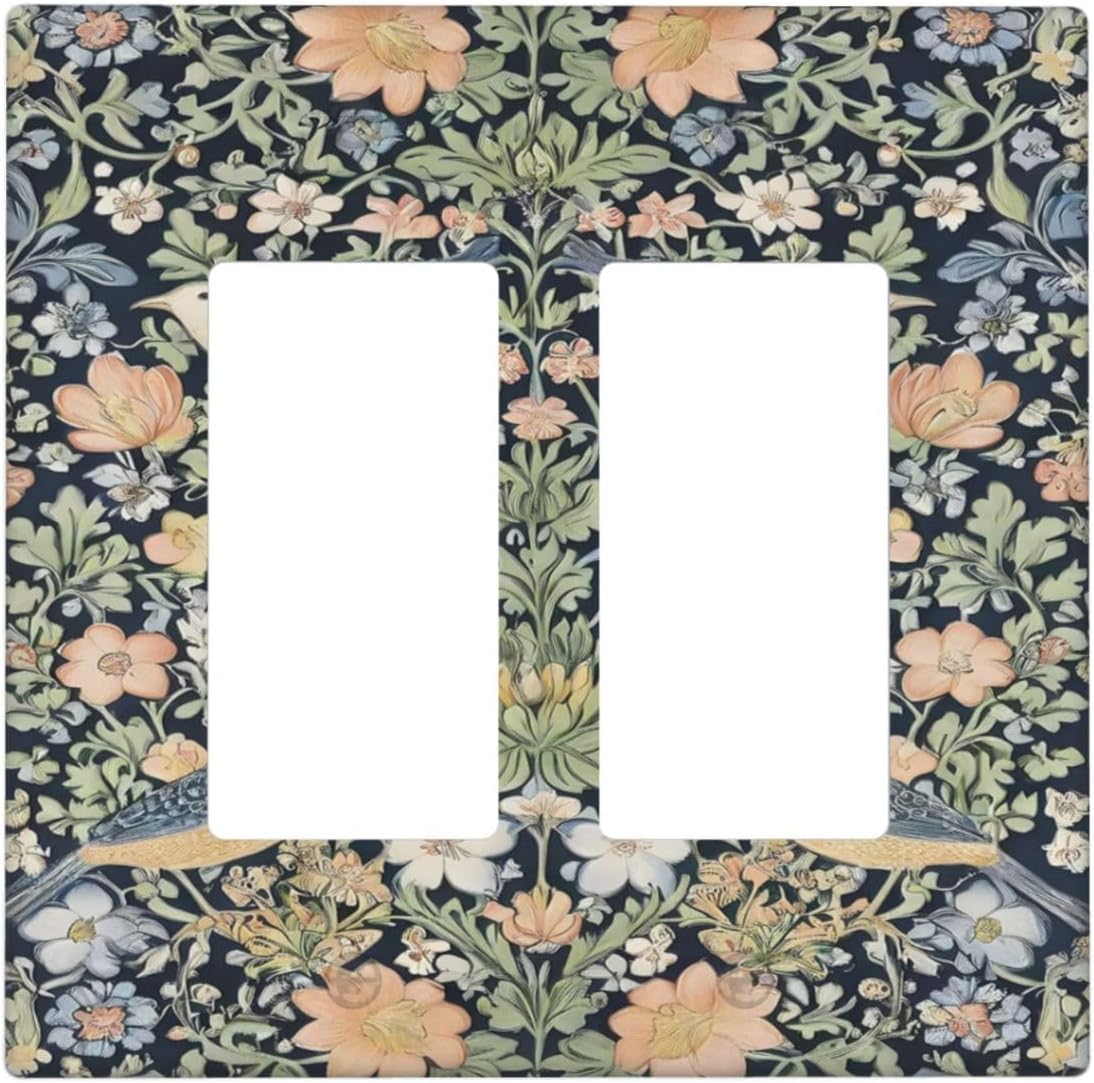 Decorative Outlet Covers Rustic Morris Birds Green Leaf Flower 2 Gang Wall Plate Double Rocker Two Switch Wall Cover Plate Light Switch Cover Plate Faceplate for Country Bedroom Decor