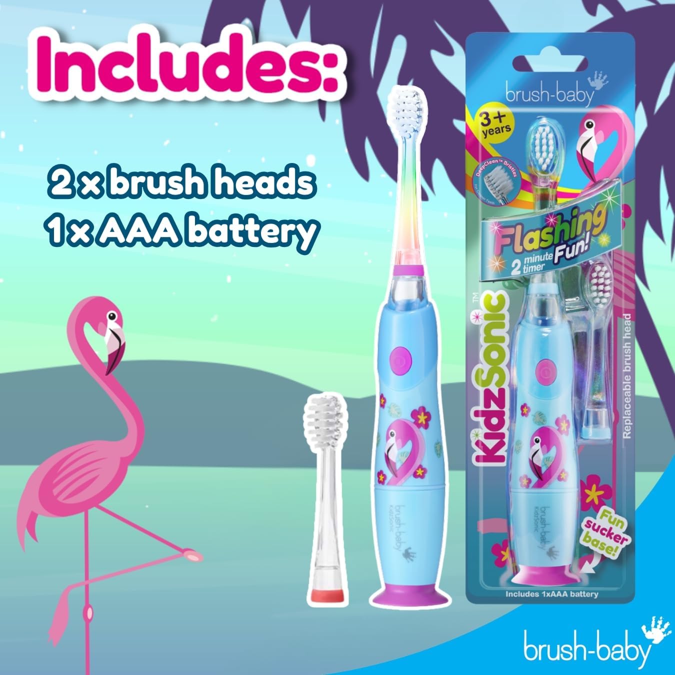 Brush‑Baby - KidzSonic Flamingo Kids Electric Toothbrush for Ages 3+ with Disco LED Lights, Gentle