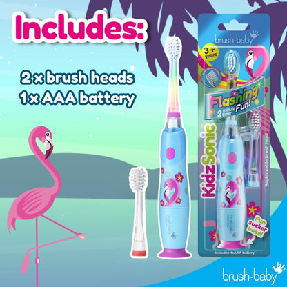 Brush‑Baby - KidzSonic Flamingo Kids Electric Toothbrush for Ages 3+ with Disco LED Lights, Gentle