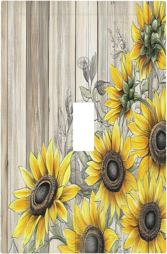 Decorative Light Switch Cover Floral Sunflower Rustic Flower Vintage Wood 1 Gang Single Toggle Device Electrical Faceplate Switchplates Decorator Outlet Wall Plate For Farmhouse Cabin