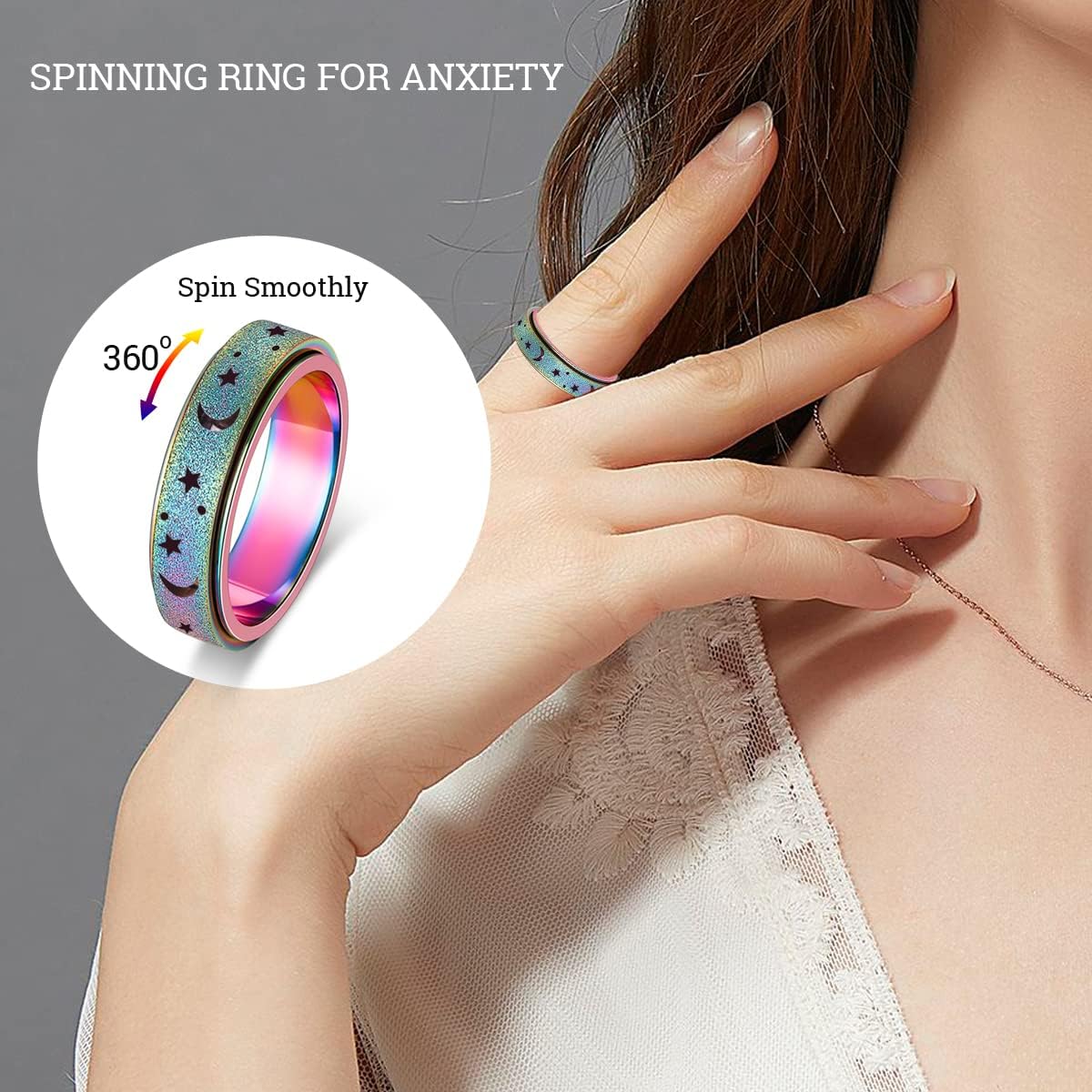Anxiety Ring for Women Men, Titanium Stainless Steel Spinner Ring, 5 Colors, 6MM, Size 6-10, 3 Styles Anxiety Ring-Moon Star, Sandblasted Finished, Hollow Outer