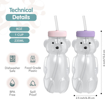 Honey Bear Straw Cup for Babies, Honey Bear Cups with Travel Lid, 2-Pack Therapy Learning HoneyBear Straw Sippy Cup for Toddlers, Cherry Blossom & Unicorn, 8 oz