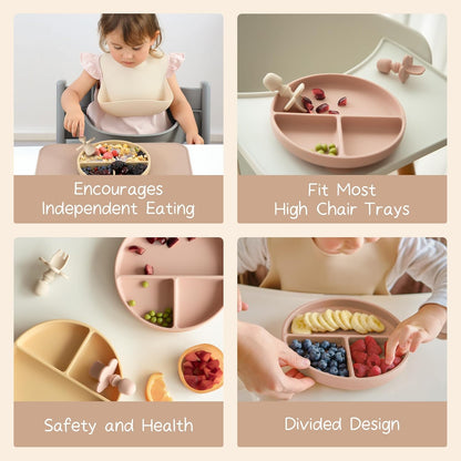 Moonkie Suction Plates for Baby | 100% Silicone BPA-Free Baby Plates with Lids and Food Cover | Divided Design | Microwave and Dishwasher Safe | Toddler Plates 3 Pack