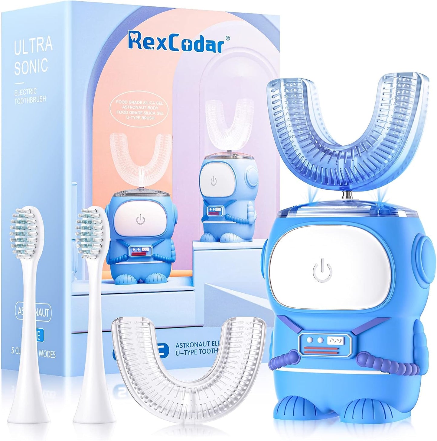 RexCodar Ultrasonic Kid's U-Shaped Electric Toothbrush, IPX7 Waterproof, Five Cleaning Modes, 60S