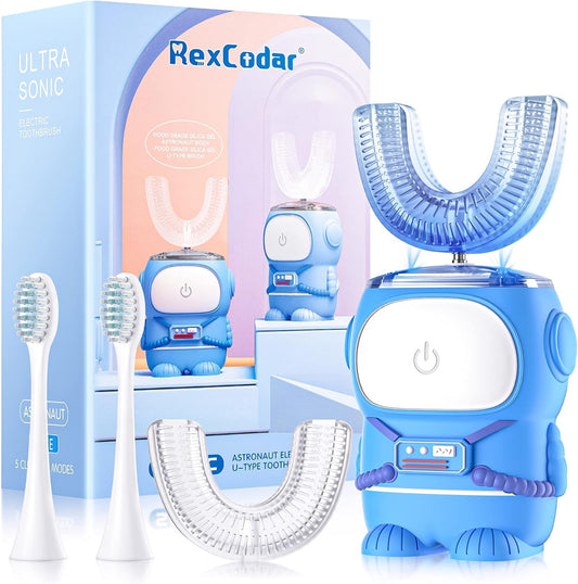 RexCodar Ultrasonic Kid's U-Shaped Electric Toothbrush, IPX7 Waterproof, Five Cleaning Modes, 60S