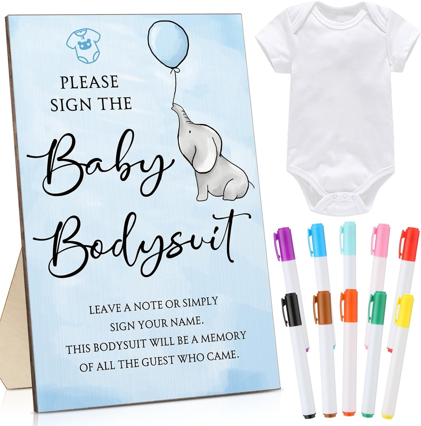 Qunclay 12 Pcs Baby Bodysuit Baby Shower Game Include 1 Game Wooden Sign Tabletop Decor 1 White Blank Newborn Bodysuit 10 Fabric Marker for Gender Reveal Party(Elephant)