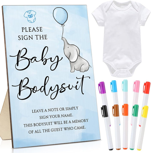Qunclay 12 Pcs Baby Bodysuit Baby Shower Game Include 1 Game Wooden Sign Tabletop Decor 1 White Blank Newborn Bodysuit 10 Fabric Marker for Gender Reveal Party(Elephant)