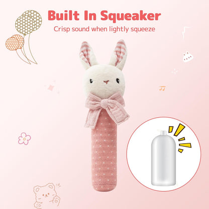 Organic Cotton Stuffed Animal Rattle Baby Toys, Hand Grip Rattle Squeaker Sticks Toys, Bunny Cuddle Cloth and Ring Rattle Plush Toy Set for Newborns Infant Boys Girls, 2 PCS