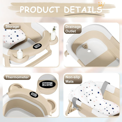 TPN Collapsible Baby Bathtub, Baby Bath Tub with Soft Cushion & Real-Time Thermometer, Baby Bathtub