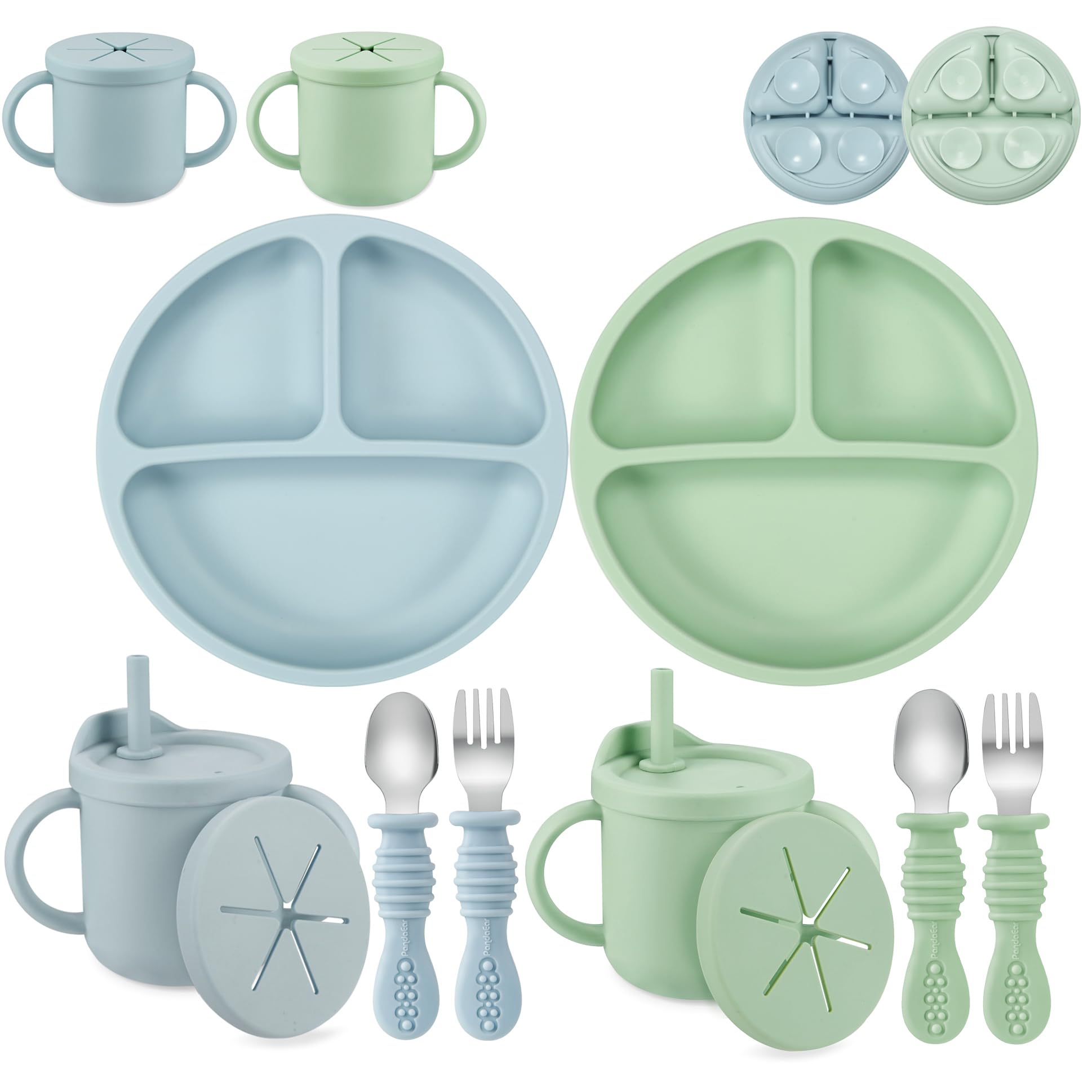 PandaEar Silicone Baby Feeding Set| 2 Pack Silicone Divided Suction Plate and 2 Pack Tiny Cup with