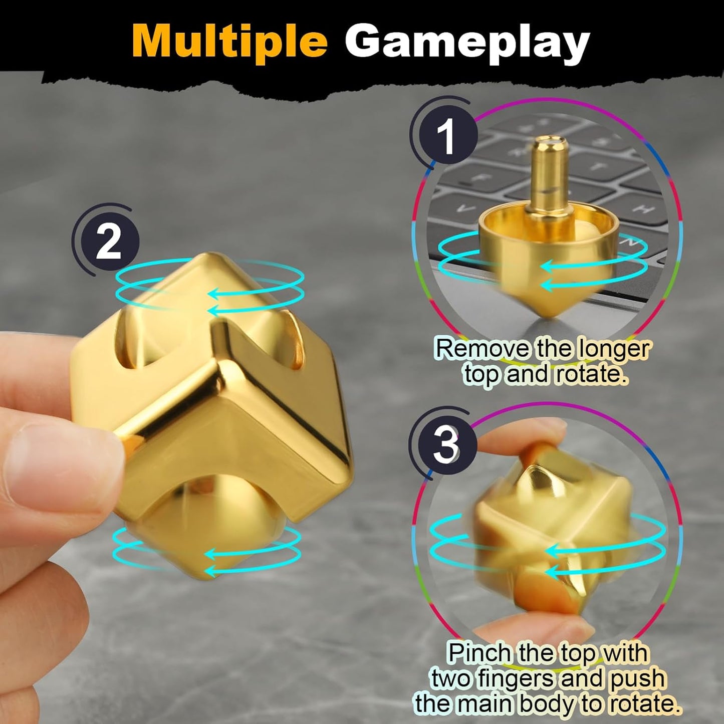 Metal Cube Fidget Spinner Toy for Kids Adults, Gold Cube Fidget Block Figner Spinner Focus 2 in 1