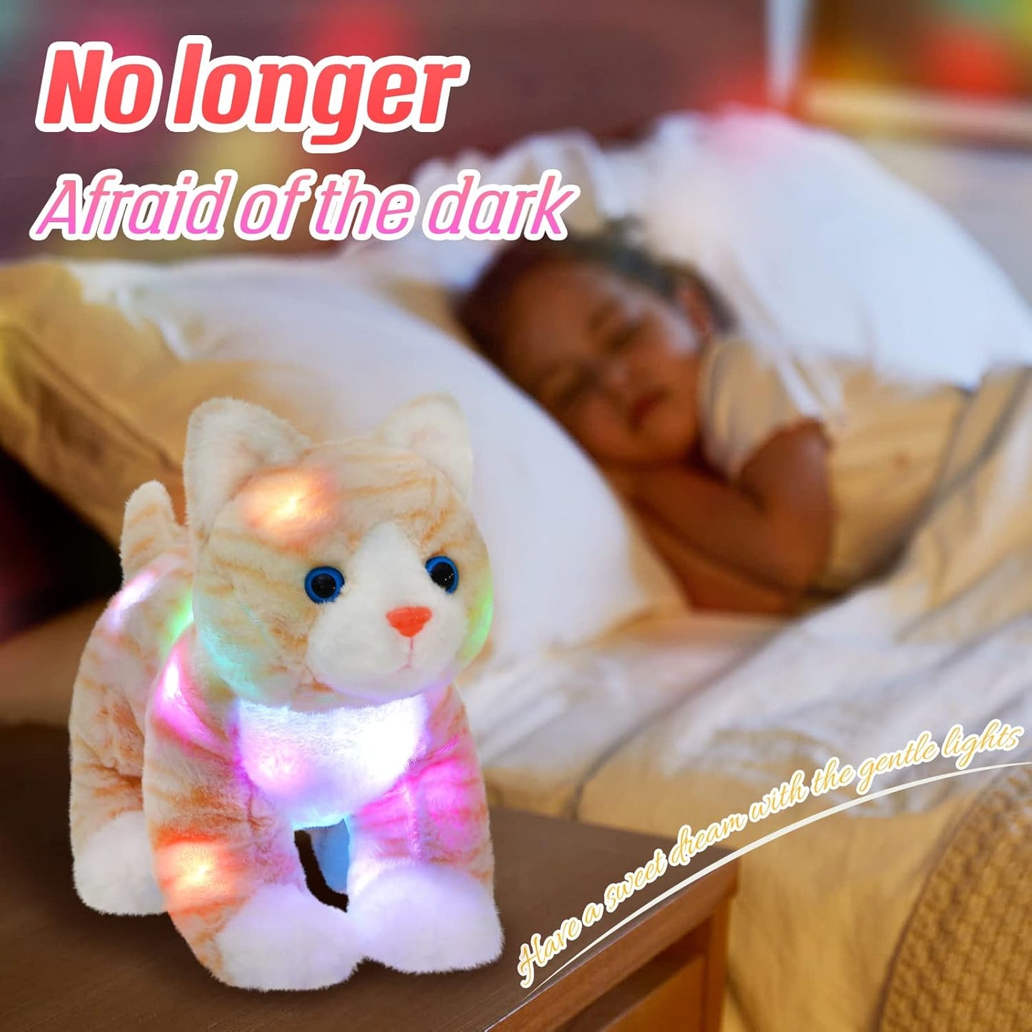 Glow Guards 14'' Light up Kitty Stuffed Animal Soft Realistic Cat Plush Toy with LED Night Lights Glow Birthday Children's Day Gifts for Toddler Kids