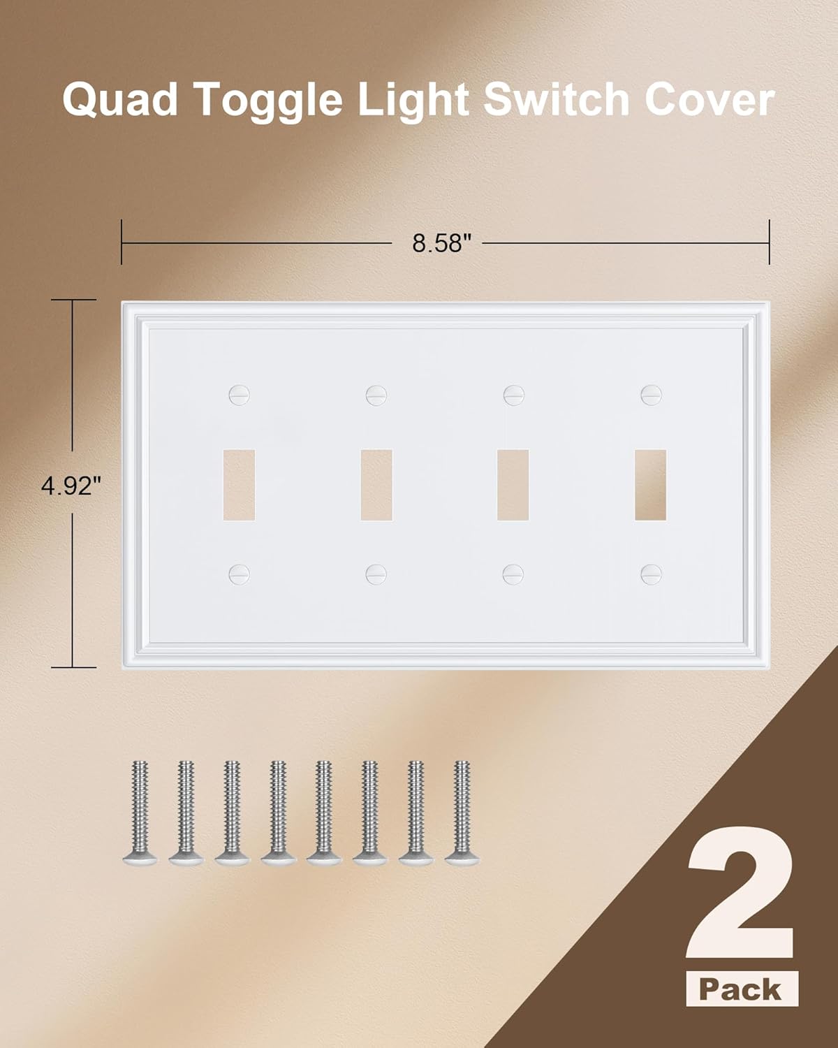 2-Pack Quad Toggle Light Switch Cover Plate, Durable Zinc Alloy Decorative Switch Plate Covers, Pure White 4 Gang Wall Plate for Toggle Light Switch and Rotary Dimmer Switch