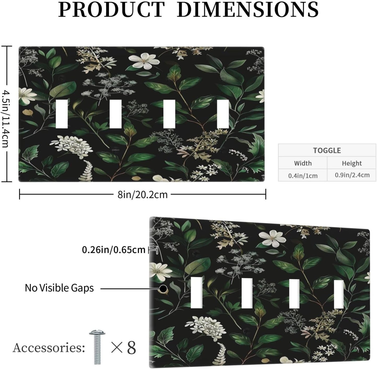 Decorative Switch Covers Plate Rustic Green Leaves White Flower 4 Gang Artistic Wall Plate Unique Quad Toggle Light Switch Plate Jumbo Faceplate for Country Bedroom Home Decor