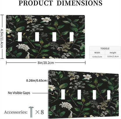 Decorative Switch Covers Plate Rustic Green Leaves White Flower 4 Gang Artistic Wall Plate Unique Quad Toggle Light Switch Plate Jumbo Faceplate for Country Bedroom Home Decor