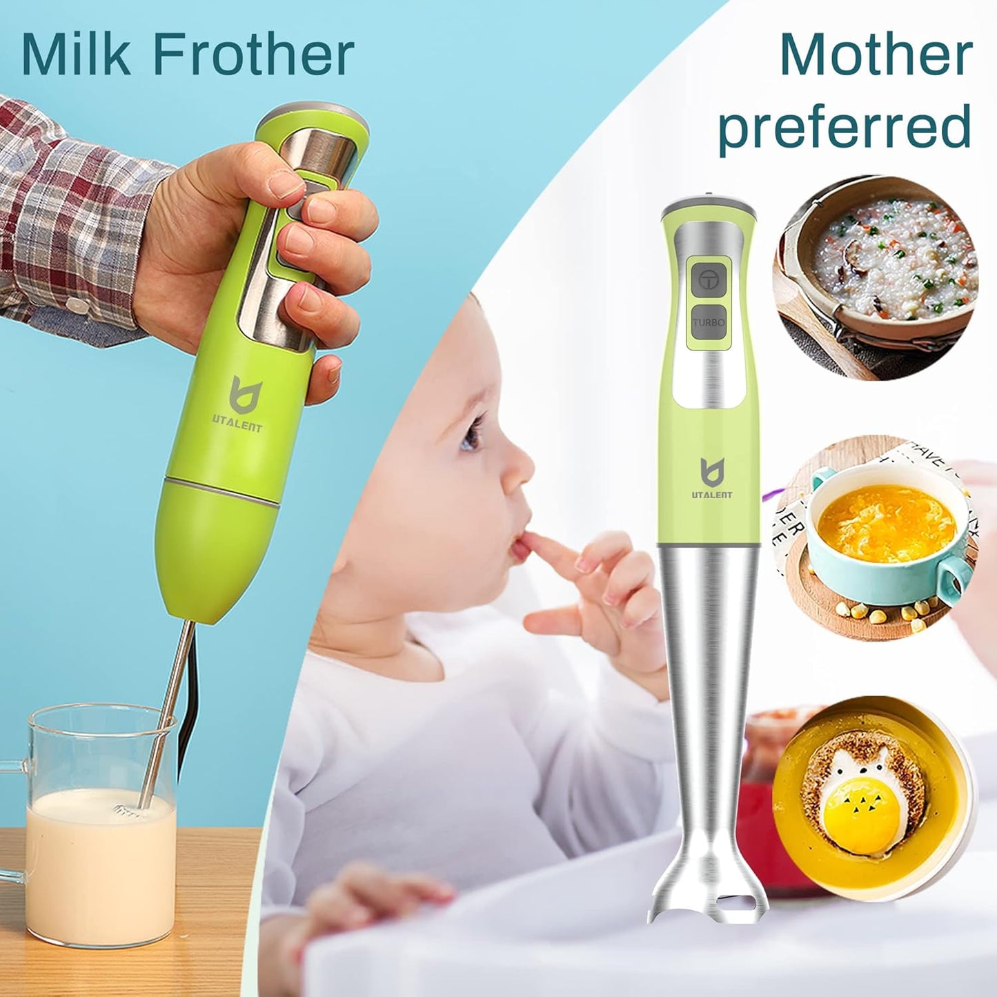 Immersion Hand Blender, UTALENT 3-in-1 8-Speed Stick Blender with Milk Frother, Egg Whisk for