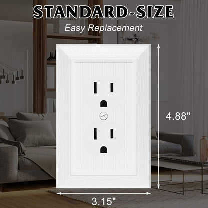 Modern Decorative Wall Plate Switch Plate Outlet Cover, Vintage Retro Wood Grain Design(Single Duplex-4 Pack, White)