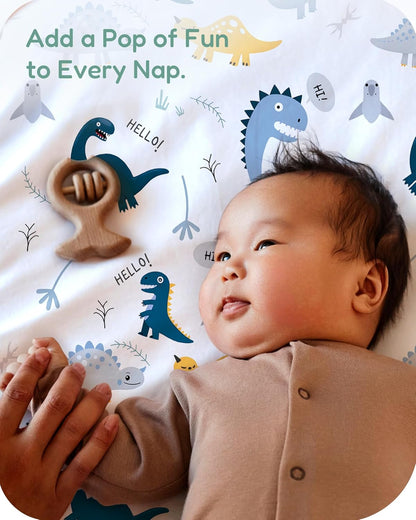 Pack and Play Sheets Fitted, Dino Animals Blue, Soft and Stretchy, Hypoallergenic and Safe, 2 Pack