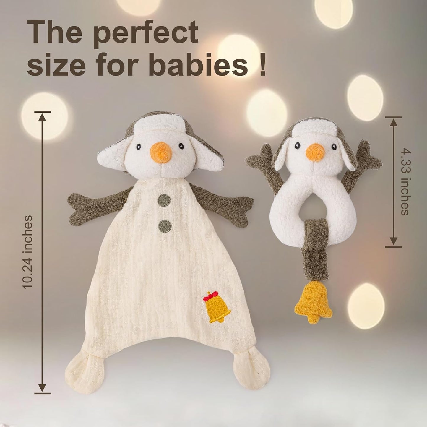 Organic Cotton Stuffed Animal Rattle Baby Toys, Plush Snowman Cuddle Cloth and Hand Grip Ring Rattles Plush Toy Set for Newborns Infant Boys Girls, 2 PCS