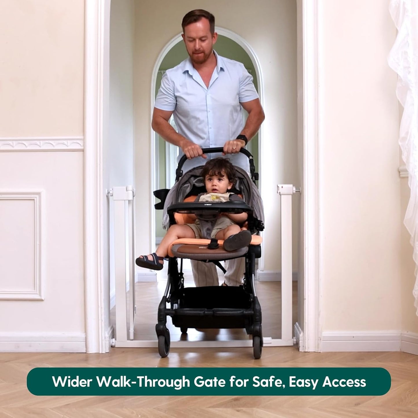 BABELIO Baby Gate for Doorways and Stairs, 41-46" Pet Gate with Wide Walk Thru Door and Lock Indicator, No Drill Pressure Mounted Safety Gate with Double Lock and Self-Closing, White