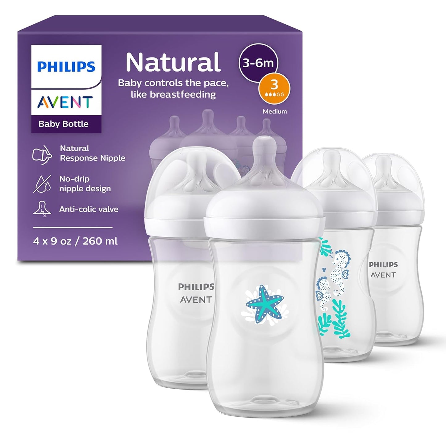 Philips Avent Natural Baby Bottles with Natural Response Nipples (Medium Flow, Flow 3), with